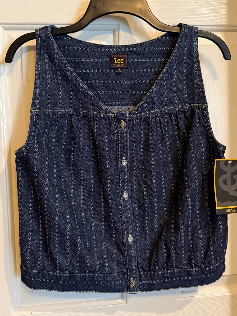 Lee Dark Blue Striped Button-Front Denim Vest from the heritage collection.